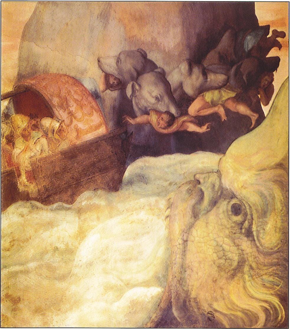 Ulysses's ship passing between the six-headed monster Scylia and the whirlpool Charybdis, by Allessandro Allori, circa 1575, from a fresco. (Public Domain)