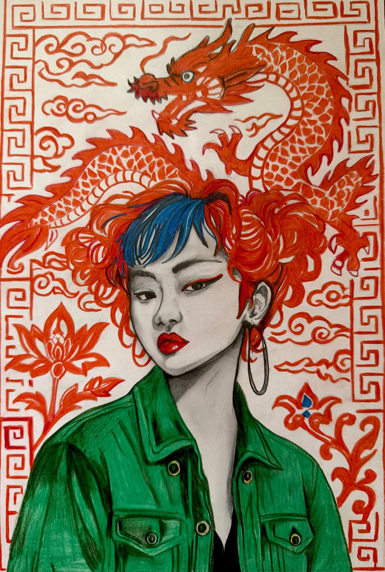 A portrait of a young Korean girl with a delicate face, red and blue hair, large gold earrings, and bright red lipstick. She is wearing a green colored shirt with an intricate pattern with floral design and a red dragon framing her. A portrait of a young Korean girl with a delicate face, red and blue hair, large gold earrings, and bright red lipstick. She is wearing a green colored shirt with an intricate pattern with floral design and a red dragon framing her.