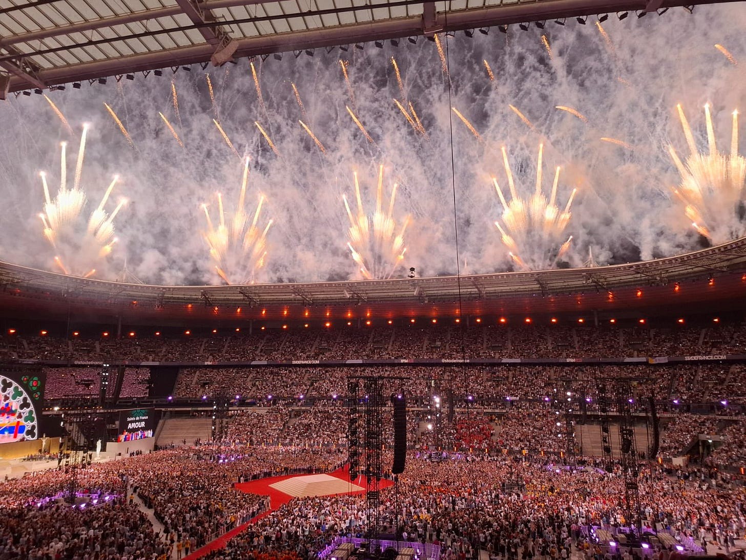 Fireworks over the Stade de France during the youth vigil with Pope Leo XIV Fireworks over the Stade de France during the youth vigil with Pope Leo XIV