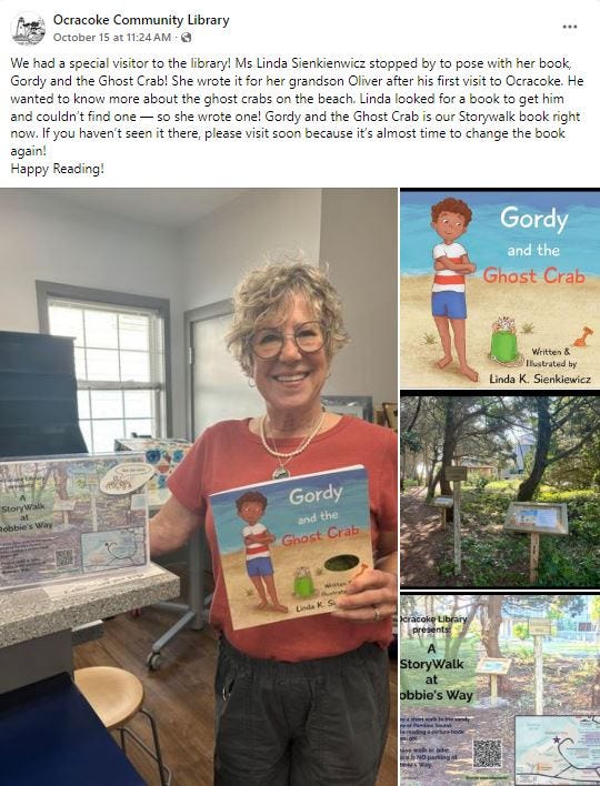 Ocracoke Library displays Storywalk information and Linda's visit