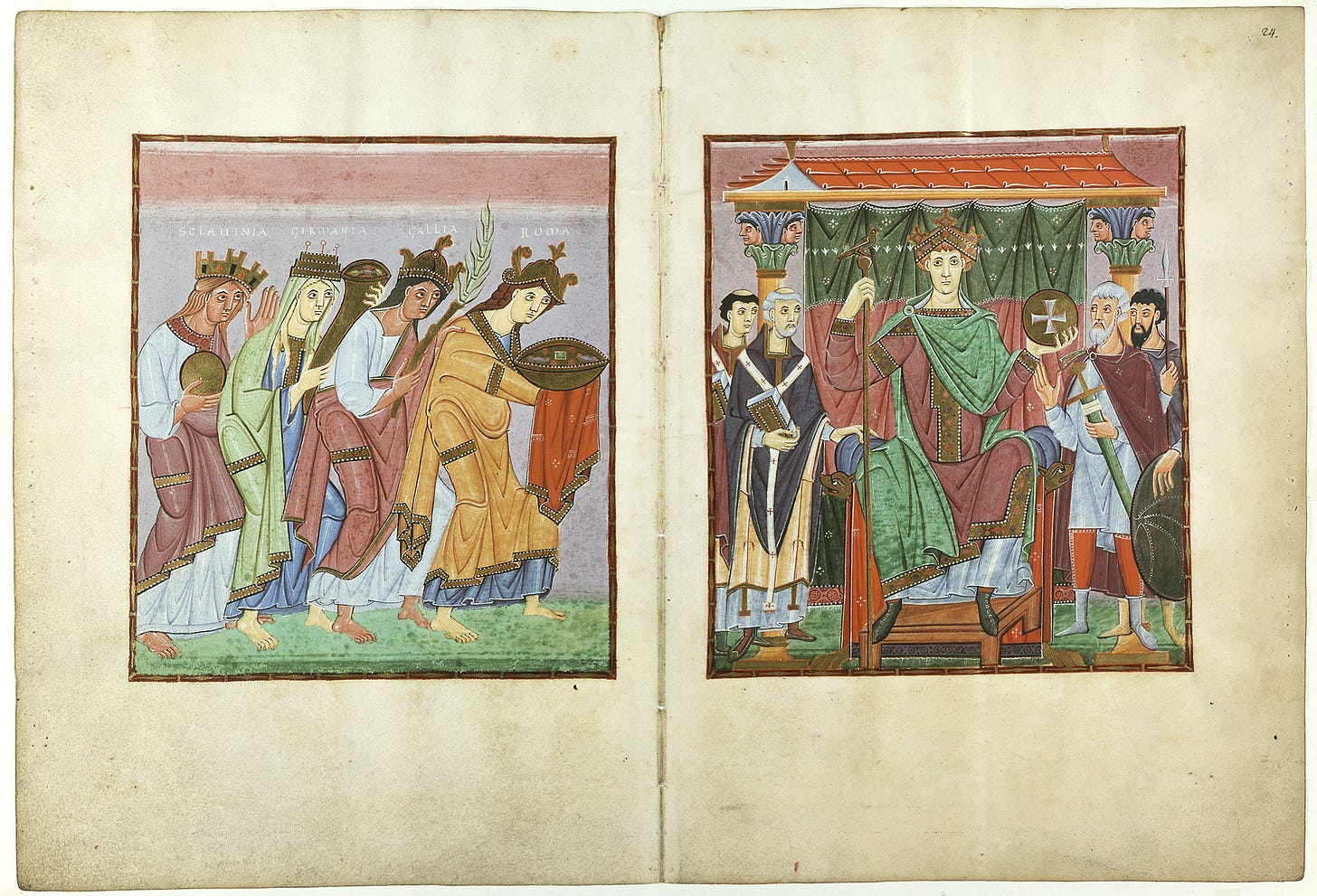 Double page opening: Provinces Bringing Tribute (f.23v.) and Ruler Portrait of Otto III (f.24), Gospels of Otto III, c. 1000, ink, gold, paint, parchment, each page 33.4 x 24.2 cm (Bayerische Staatsbibliothek, Munich, Clm.4453) Double page opening: Provinces Bringing Tribute (f.23v.) and Ruler Portrait of Otto III (f.24), Gospels of Otto III, c. 1000, ink, gold, paint, parchment, each page 33.4 x 24.2 cm (Bayerische Staatsbibliothek, Munich, Clm.4453)