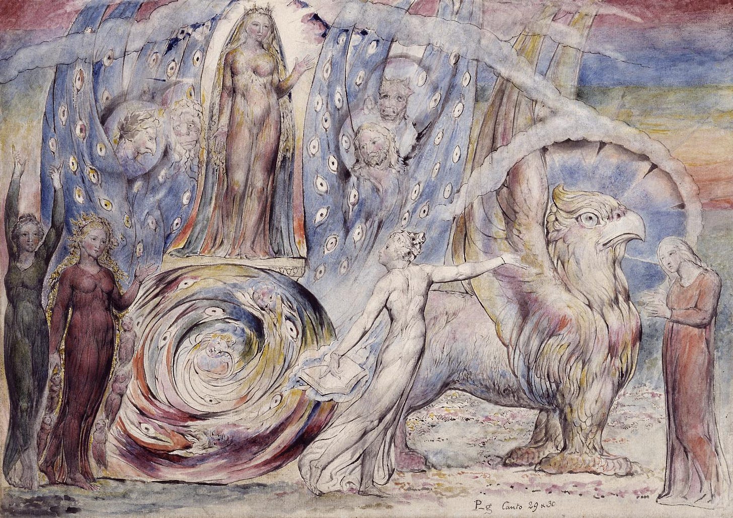 Beatrice Addressing Dante from the Car, Symbolist Watercolor and Etching Painting, Divine Comedy