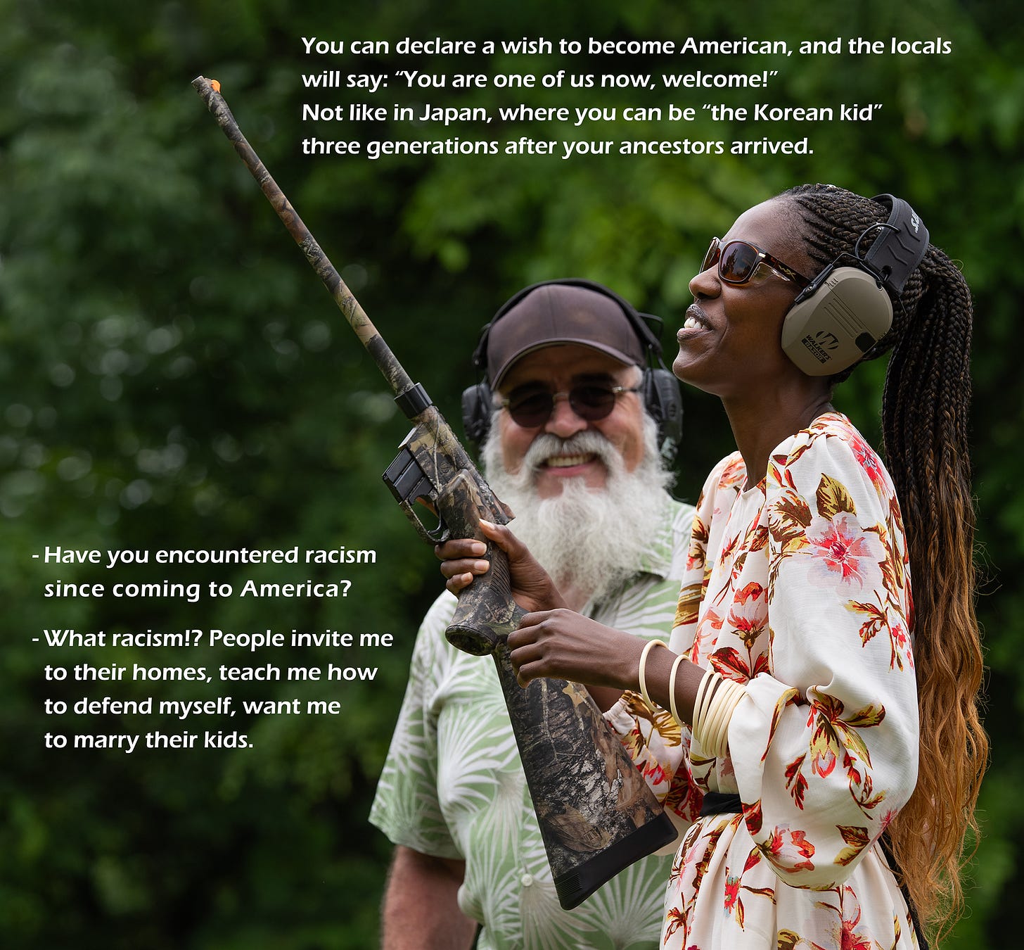 May be an image of 1 person and text that says 'You can declare a wish to become American, and the locals will say: "You are one of us now, welcome!" Not like in Japan, where you can be "the Korean kid" three generations after your ancestors arrived. -Have you encountered racism since coming to America? -What racism!? People invite me to their homes, teach me how to defend myself, want me to marry their kids.'