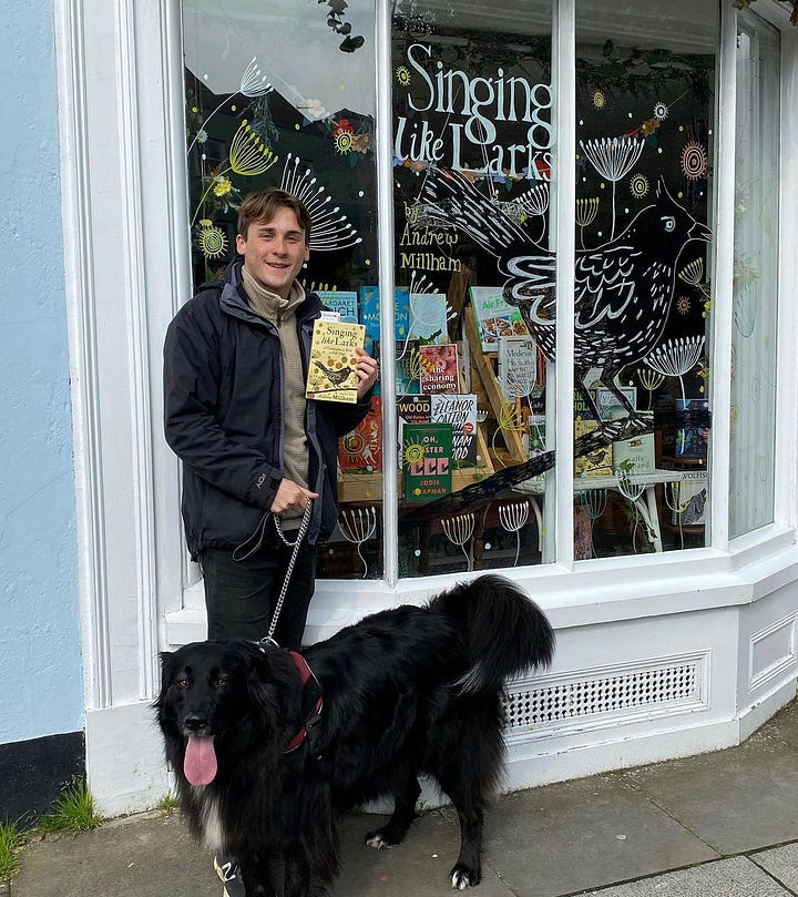 Author Andrew Millham outside Maldon Books with his book and dog (left). Andrew signing a copy of his book for a reader in Folde Books (right)