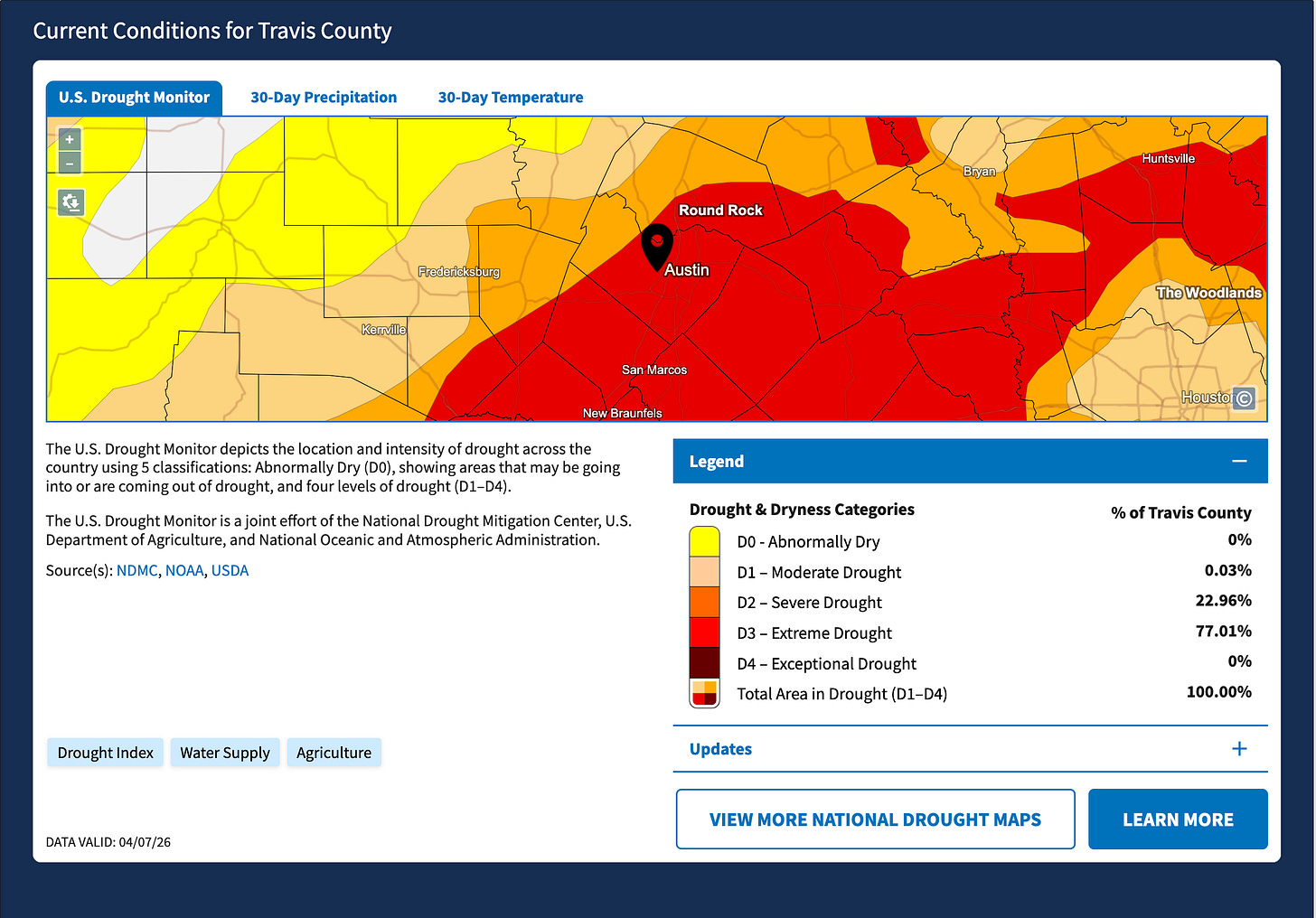 Travis County drought map, level 3.