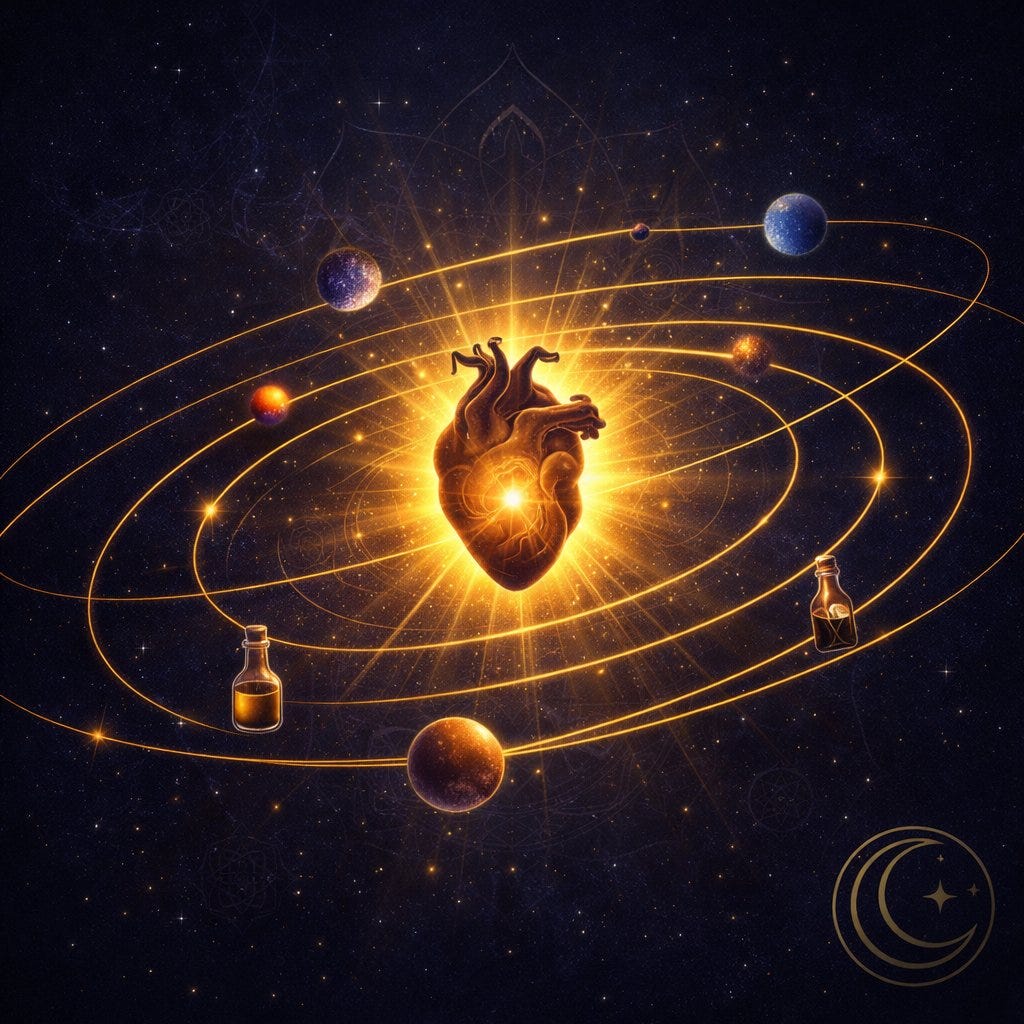 MoonInMental natal chart meditation image for February 6, 2026. Anatomical heart surrounded by orbital transit paths in cosmic space representing nervous system alignment through astrological precision.