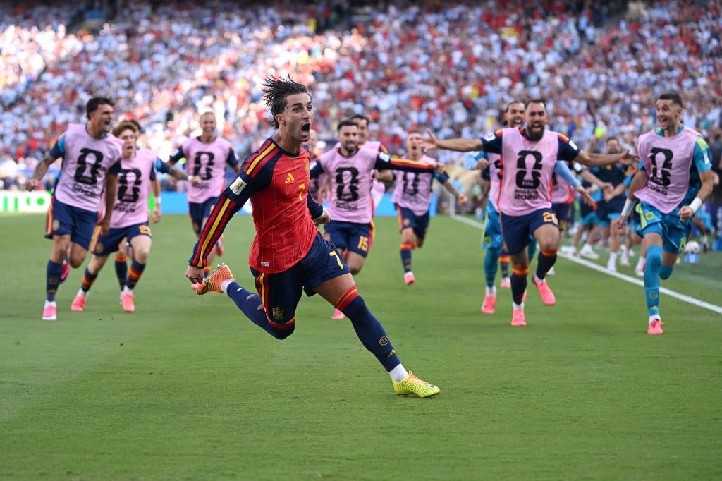 Ferran Torres of Spain celebrates scoring his team's first goal during the FIFA World Cup Final match. Ferran Torres of Spain celebrates scoring his team's first goal during the FIFA World Cup Final match.