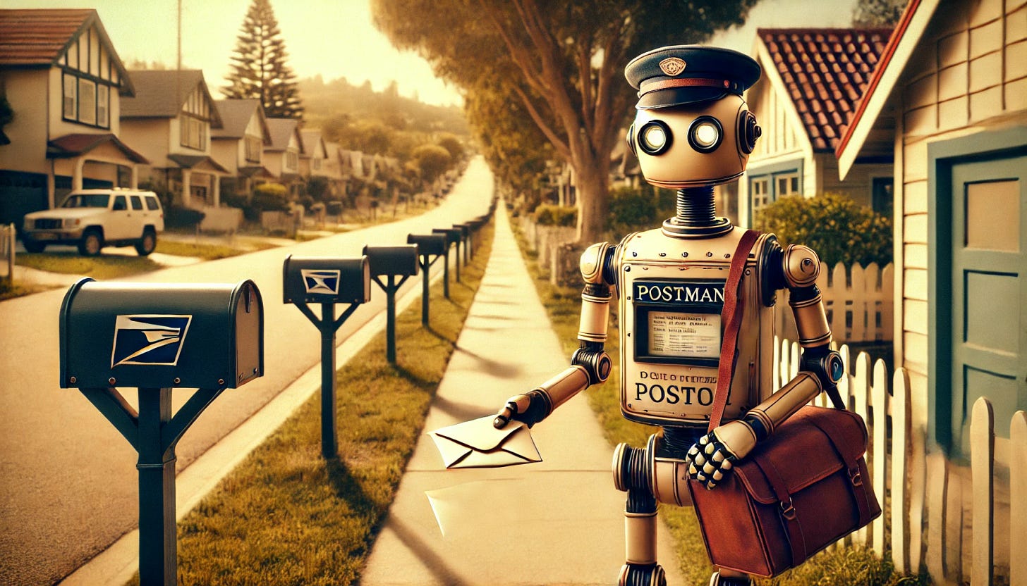 A friendly robot dressed as an old-fashioned postal worker, delivering letters along a long suburban street. The robot has a vintage postman's uniform, complete with a hat and satchel, and is handing a letter to a mailbox. The suburban street is lined with houses, trees, and mailboxes, stretching into the distance. The atmosphere is warm and nostalgic, with a touch of futuristic charm.