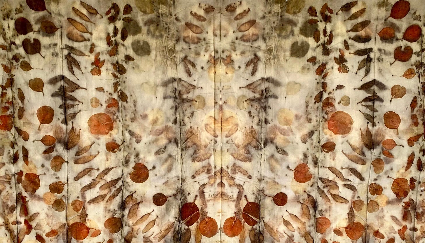 Textile artwork with repeated plant and found-object impressions, by eco-printing pioneer India Flint