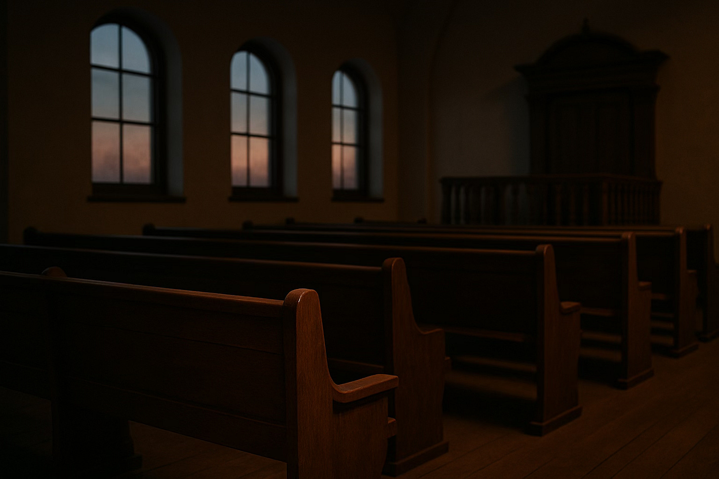 Rows of empty wooden pews inside a synagogue at dusk, with soft evening light filtering through tall arched windows, creating a solemn and contemplative atmosphere. Rows of empty wooden pews inside a synagogue at dusk, with soft evening light filtering through tall arched windows, creating a solemn and contemplative atmosphere.