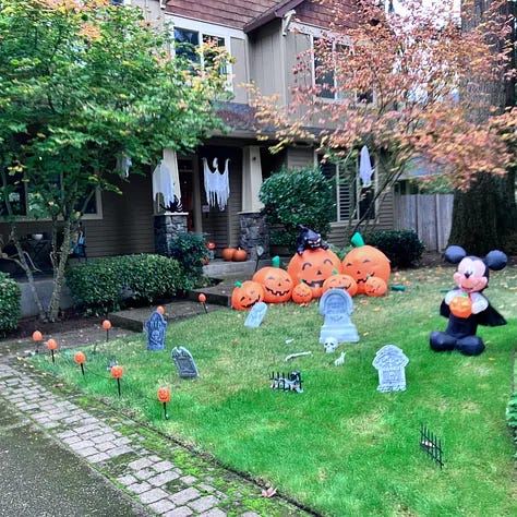 Skeletons in trees, scary decorations in Lake Oswego