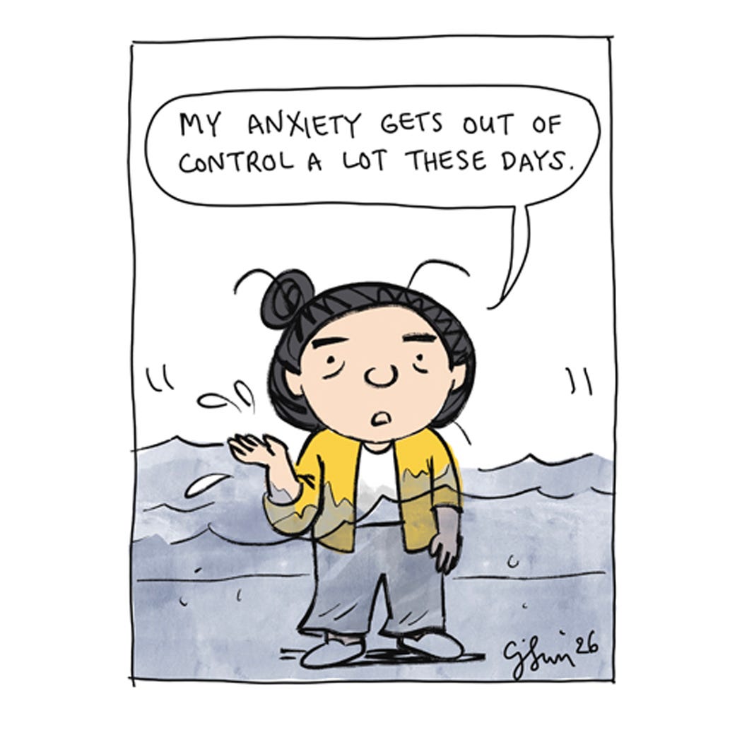 Illustrated excerpt from a 4-panel comic strip about weathering anxiety about change and disruption without A.I. chatbots, titled "The Temptation of A.I." by Connie Sun, cartoonconnie, 2026.