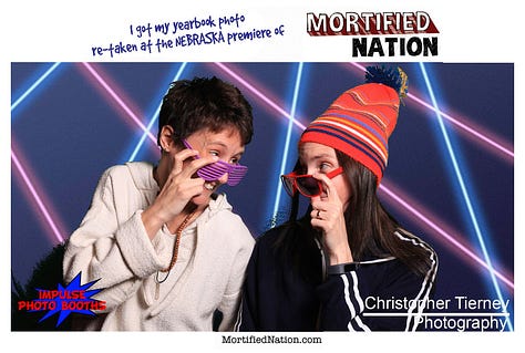 Several images with a laser light background. People wearing 80s hats, scarves, holding Sassy Magazine, or a piccolo, very retro and silly