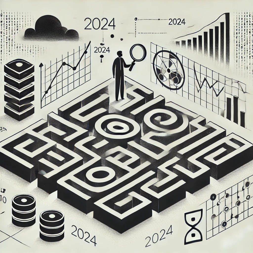 A minimalist black and white illustration depicting a maze-like structure with data-related symbols (like graphs, binary code, and server icons) integrated into the pathways. At the center of the maze, there’s a stylized figure holding a magnifying glass, symbolizing exploration and problem-solving. The background should be clean, emphasizing the intricate details of the maze and the symbols within. This should reflect the theme of addressing common data-related questions in 2024.