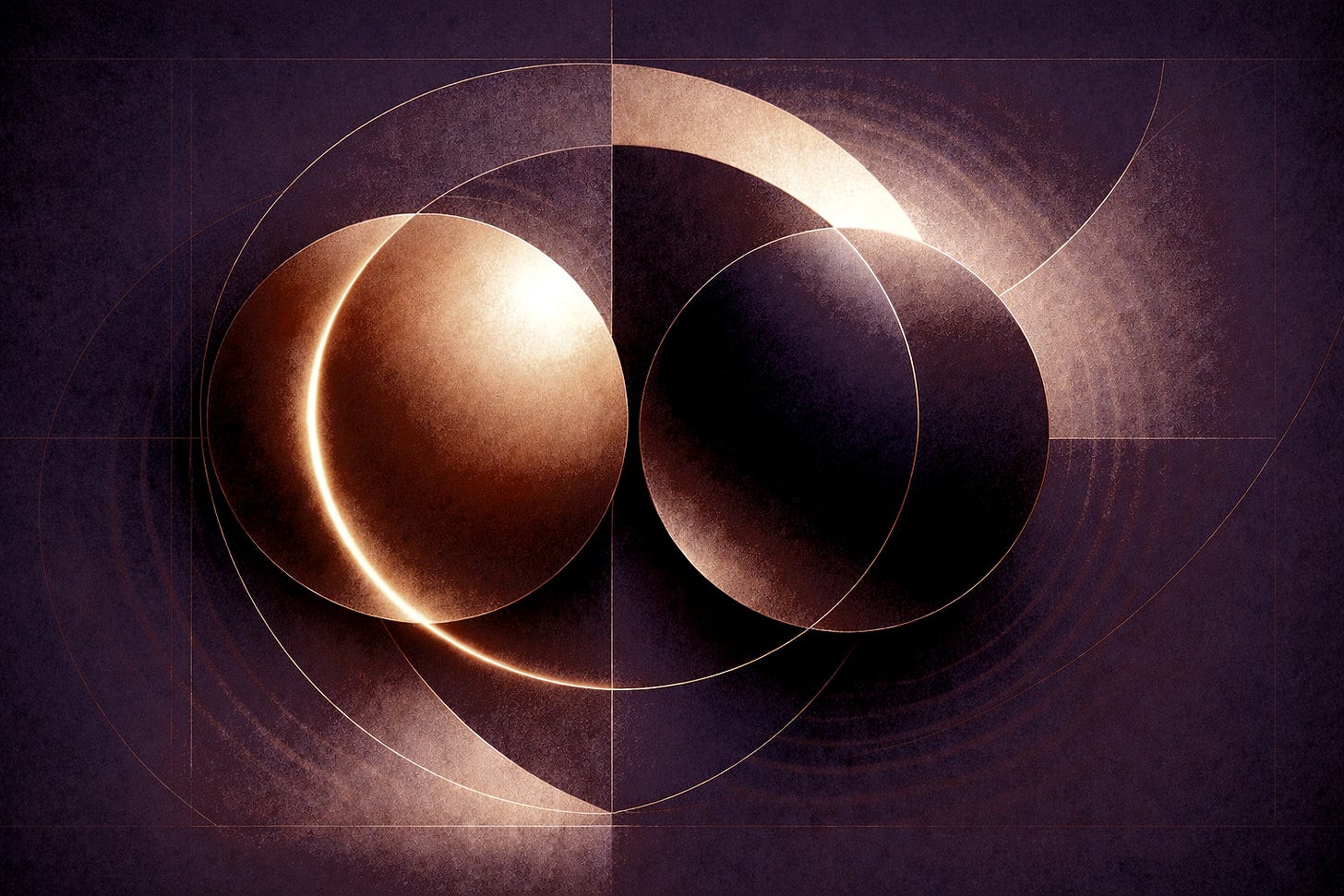 An abstract, textured illustration of an eclipse featuring two glowing copper orbs overlaid with fine geometric linework and golden crescents on a deep plum background.