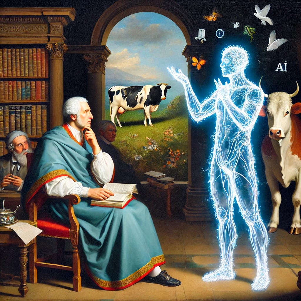 A classical painting depicting two philosophers, one human and one representing an artificial intelligence as a glowing, ethereal figure, engaged in a thoughtful debate about animal ethics. The human philosopher, dressed in traditional attire, argues passionately for ethical veganism, while the AI figure, portrayed as a glowing, abstract form or holographic presence, counters with a more nuanced view about individual responsibility and systemic harm. In the background, a cow stands nearby, symbolizing the focus on animal ethics and the treatment of farm animals. The setting is a grand, timeless study or library, with books, scrolls, and images of animals, especially the cow, in the background to emphasize the ethical debate. The mood is intellectual and reflective, capturing the depth of the conversation about morality, animal welfare, and technology. A classical painting depicting two philosophers, one human and one representing an artificial intelligence as a glowing, ethereal figure, engaged in a thoughtful debate about animal ethics. The human philosopher, dressed in traditional attire, argues passionately for ethical veganism, while the AI figure, portrayed as a glowing, abstract form or holographic presence, counters with a more nuanced view about individual responsibility and systemic harm. In the background, a cow stands nearby, symbolizing the focus on animal ethics and the treatment of farm animals. The setting is a grand, timeless study or library, with books, scrolls, and images of animals, especially the cow, in the background to emphasize the ethical debate. The mood is intellectual and reflective, capturing the depth of the conversation about morality, animal welfare, and technology.