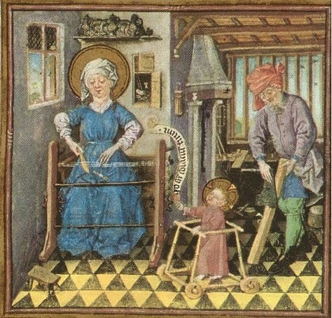 Medieval household workshops showing men and women working together in shared domestic and craft labor before industrialization.