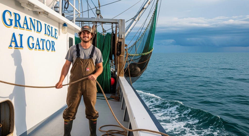Photo of deckhand who went to school to be invaluable to the AI off-shore commercial shrimp trawler named the "Grand Isle AI Gator" Photo of deckhand who went to school to be invaluable to the AI off-shore commercial shrimp trawler named the "Grand Isle AI Gator"