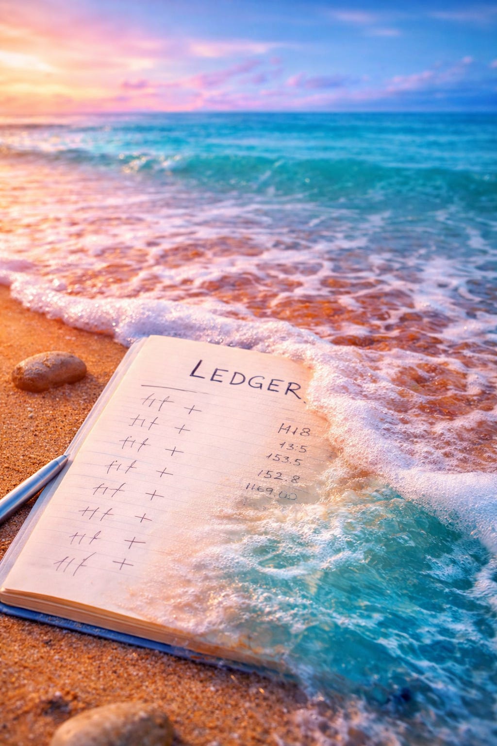 An open notebook labeled “LEDGER” lies on wet sand as a bright turquoise wave washes over the bottom of the page, blurring tally marks and numbers. A silver pen rests beside it, with golden sand, pebbles, and a pink-to-blue sunset sky over the ocean in the background.