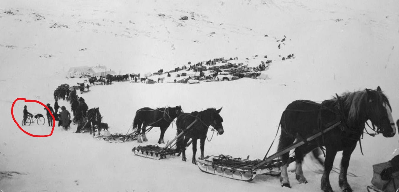 Bicycle on a trail to the late 1800s Alaska Gold Rush. Bicycle on a trail to the late 1800s Alaska Gold Rush.