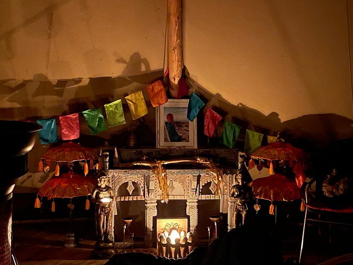 Shamanic sound bath with singing bowls, gong, chimes and more by fire and shrine