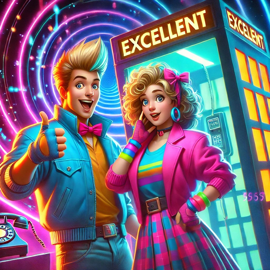 Two characters resembling 80s teenagers in a vibrant, retro setting with neon colors, standing in front of a glowing phone booth. They have a fun and adventurous vibe, with one character giving a thumbs-up while the other looks surprised. The background features swirling lights and subtle hints of time-travel elements like glowing clock faces, with the word 'Excellent' in bold, colorful letters replacing any date or year. The overall scene is energetic and playful, inspired by the 1980s aesthetic with exaggerated colors, big hair, and cool retro outfits.