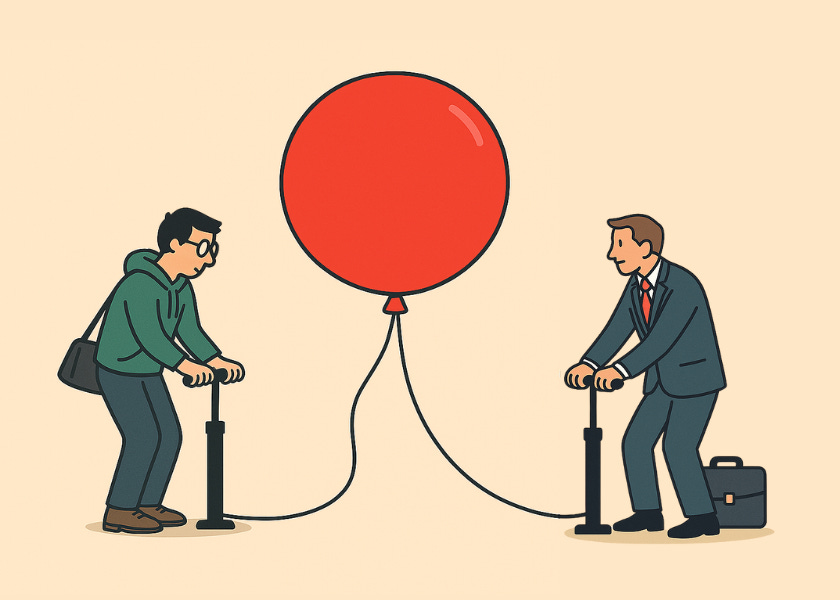 Programmer and banker pumping air into a balloon