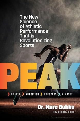 Book cover for Peak by Dr. Marc Bubbs, featuring a sprinter in motion above the large multicolored title text.