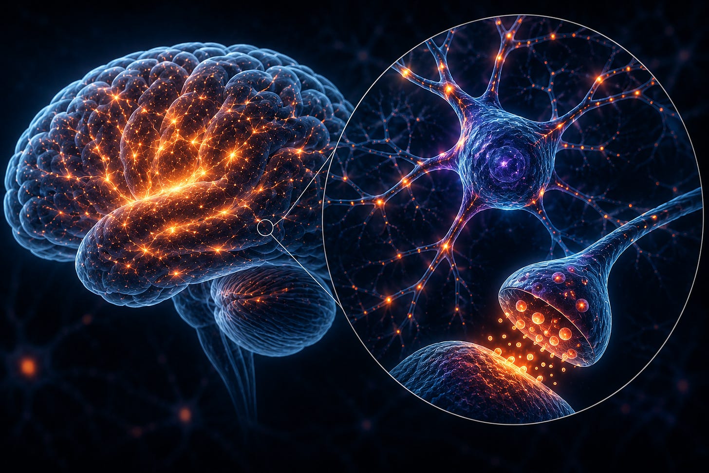 Photorealistic illustration of a glowing human brain with branching neural pathways illuminated in warm orange and gold tones against a deep blue background. A magnified circular inset shows neurons communicating across a synapse, with glowing particles traveling between neural connections, symbolizing electrical and chemical signaling within the brain.