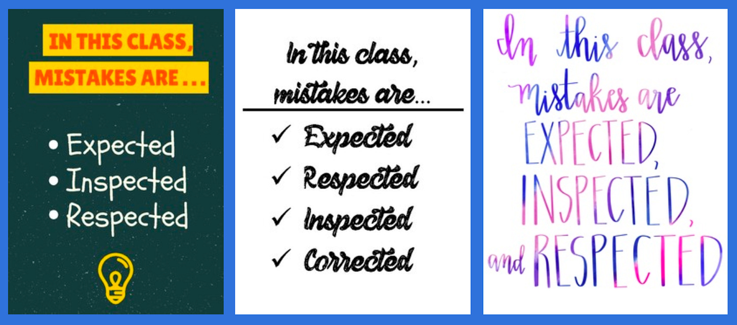 Posters that include the text "In this class mistakes are expected, inspected, and respected."