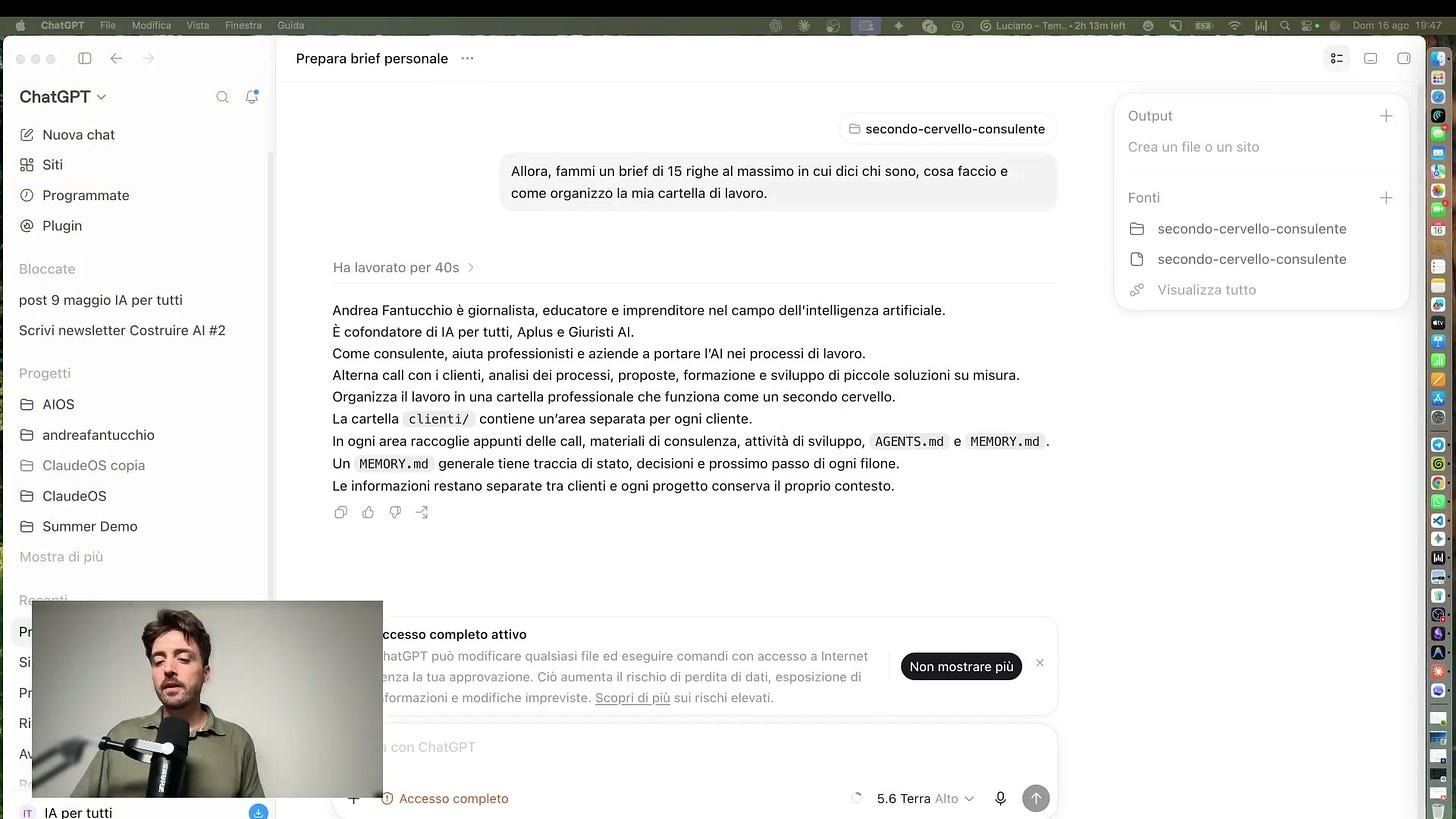ChatGPT Work collegato alla stessa cartella scrive un brief su chi sono e come lavoro senza spiegazioni