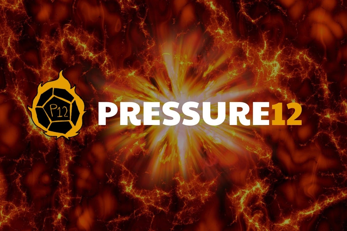 The cover for Pressure12, with the name of the game and a d12 die on flames next to it. The cover for Pressure12, with the name of the game and a d12 die on flames next to it.