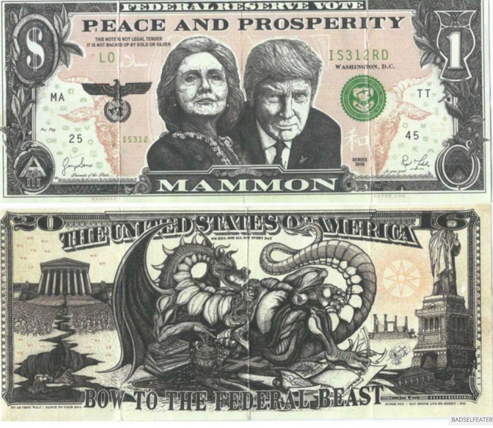 A decorated dollar bill featuring a portrait of Hillary Clinton and Donald Trump, with a bunch of "New World Order" type imagery in it. A decorated dollar bill featuring a portrait of Hillary Clinton and Donald Trump, with a bunch of "New World Order" type imagery in it.