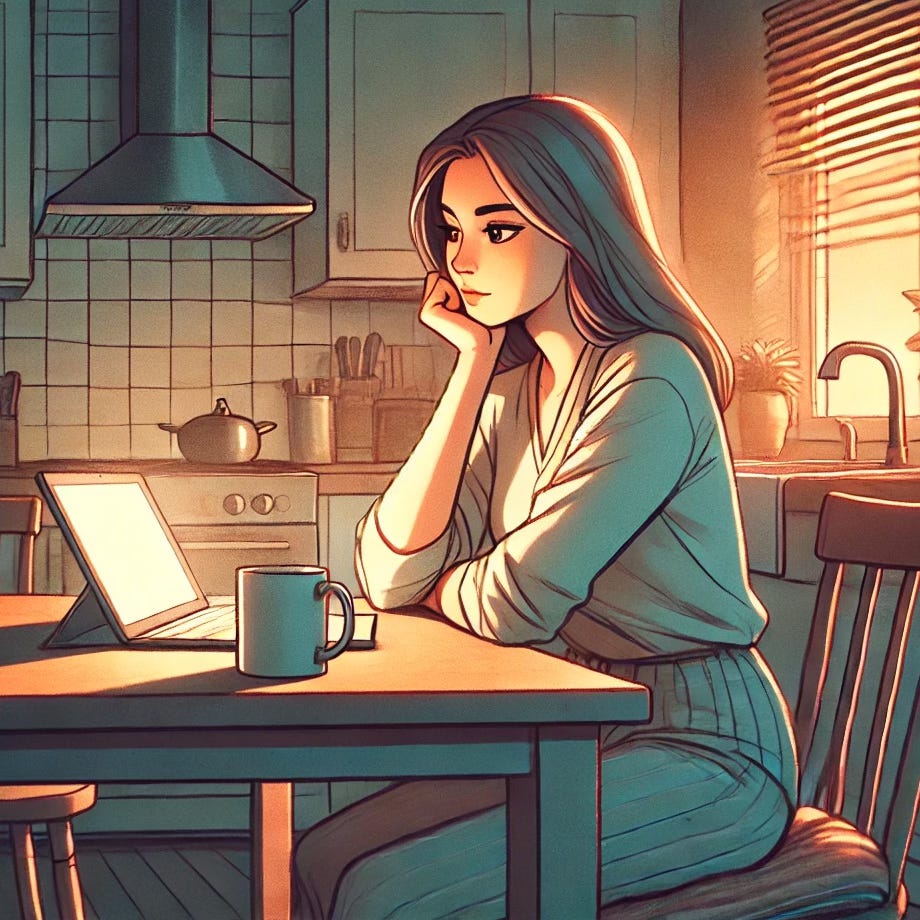 a woman named Samantha sitting at her kitchen table in the evening