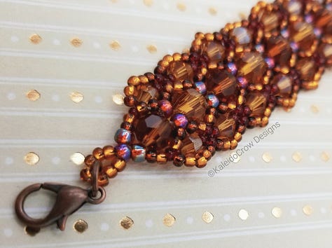 Photos of a sparkly beaded bracelet made with faceted glass beads and seed beads in colors of amber, dark red, honey, and brown.