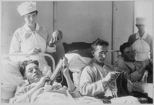 Bed-ridden wounded, knitting. Walter Reed Hospital, Washington, D.C. Harris & Ewing., ca. 1918 - ca. 1919 Bed-ridden wounded, knitting. Walter Reed Hospital, Washington, D.C. Harris & Ewing., ca. 1918 - ca. 1919