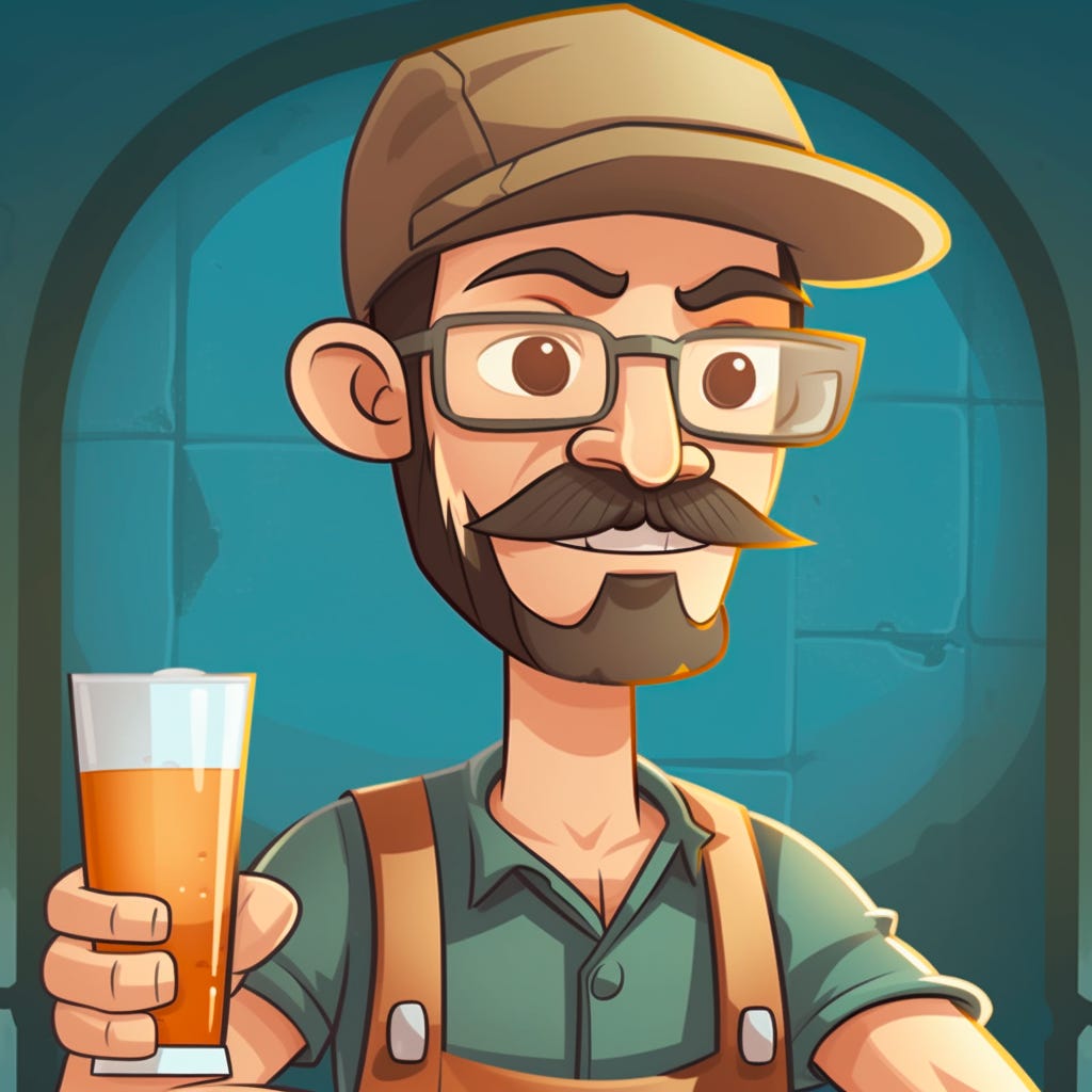 A cartoon image of Bob the Brewer, a friendly male character with a mustache and glasses, wearing a hat and apron, holding a glass of beer in a brewery setting.