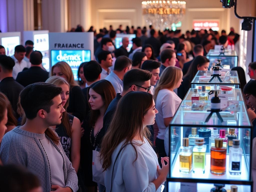 A busy fragrance exhibition featuring visitors admiring various perfume displays and booths in a well-lit venue.