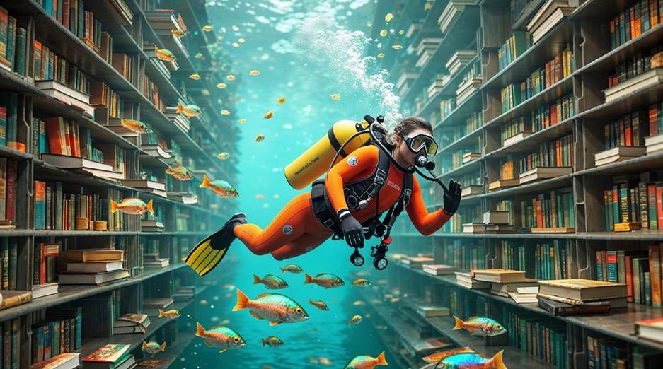 A person in a scuba diving suit under a bookshelf

AI-generated content may be incorrect.