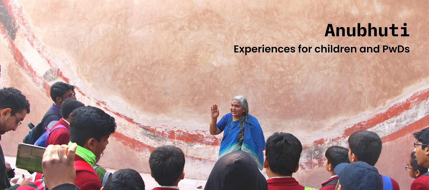 Poster for Sahapedia's Anubhuti events, showing the participants at one of the tours conducted by experienced guides.