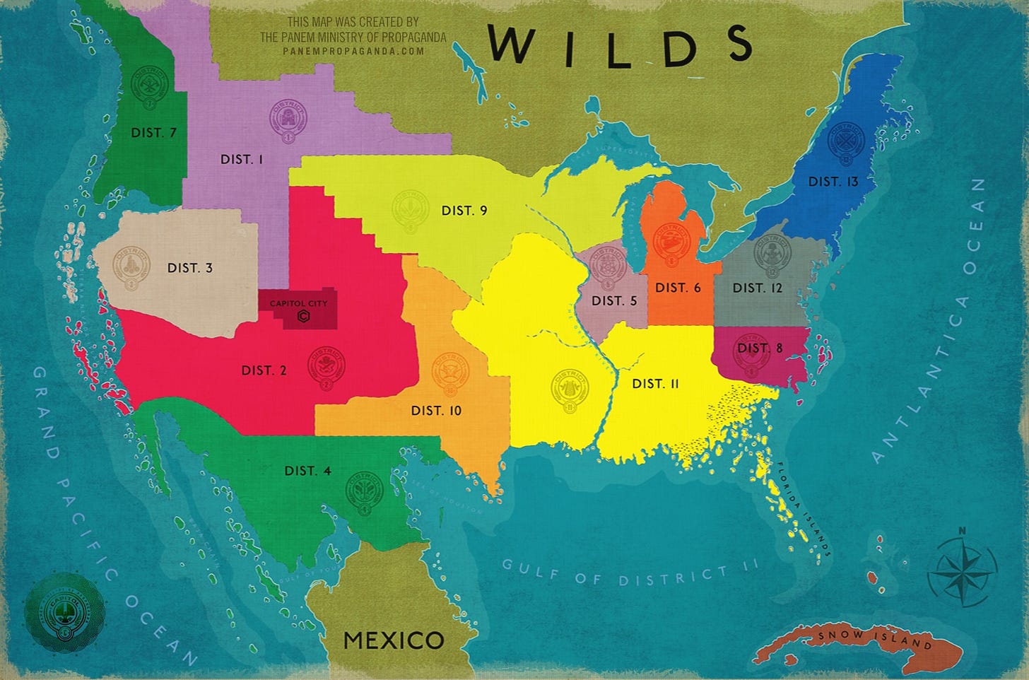 A color-coded map of Panem from The Hunger Games, showing 13 districts, the Capitol, surrounding wilds, and bodies of water.