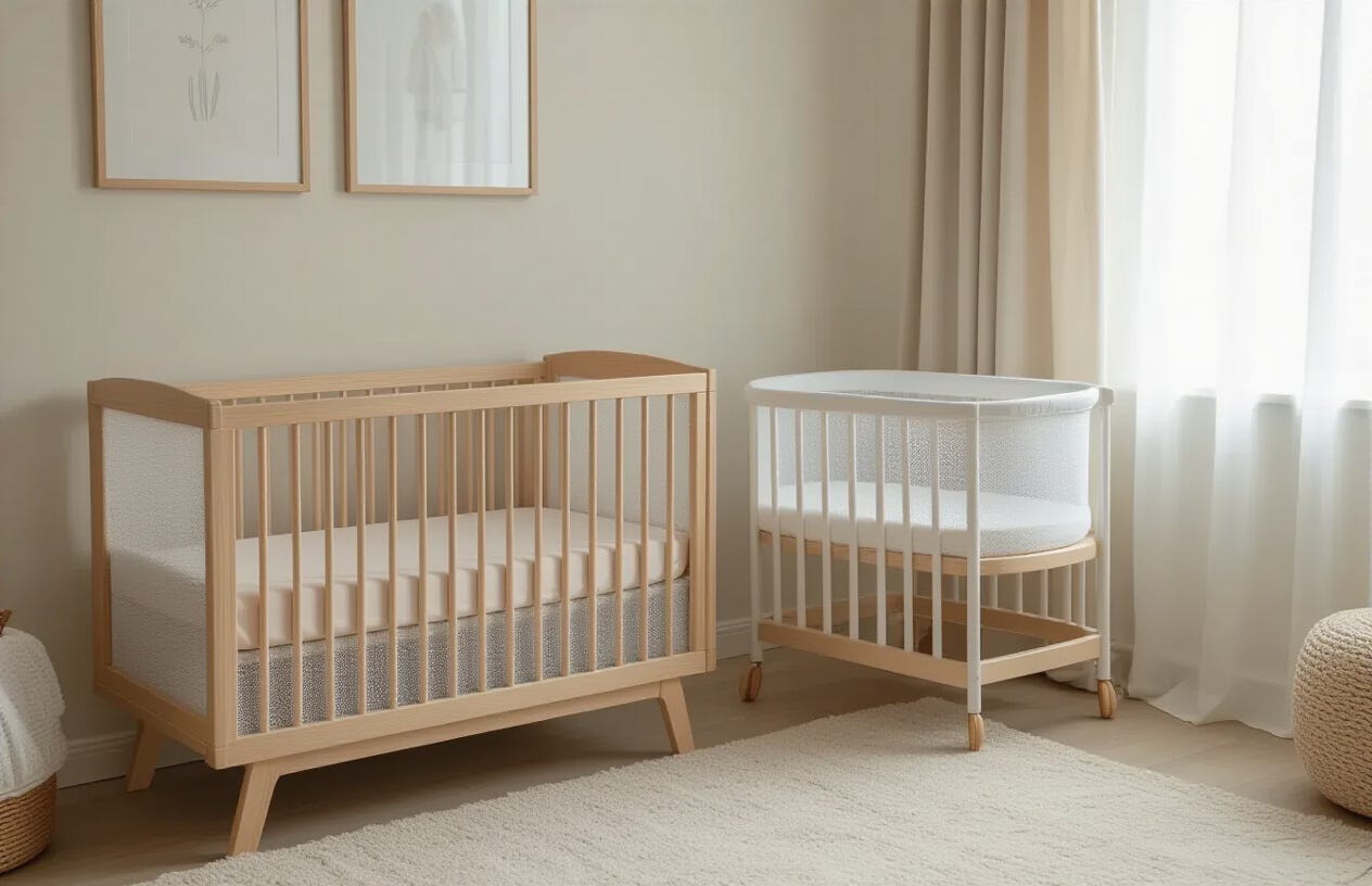 Create a realistic image of a serene nursery corner with a high-quality wooden crib with mesh sides for safety, featuring a firm mattress, fitted sheet in a soft pastel color, and no pillows or blankets inside, positioned next to a modern white bassinet with breathable mesh panels, both placed near a window with gentle natural light filtering through sheer curtains, creating a peaceful and safe sleep environment. Create a realistic image of a serene nursery corner with a high-quality wooden crib with mesh sides for safety, featuring a firm mattress, fitted sheet in a soft pastel color, and no pillows or blankets inside, positioned next to a modern white bassinet with breathable mesh panels, both placed near a window with gentle natural light filtering through sheer curtains, creating a peaceful and safe sleep environment.