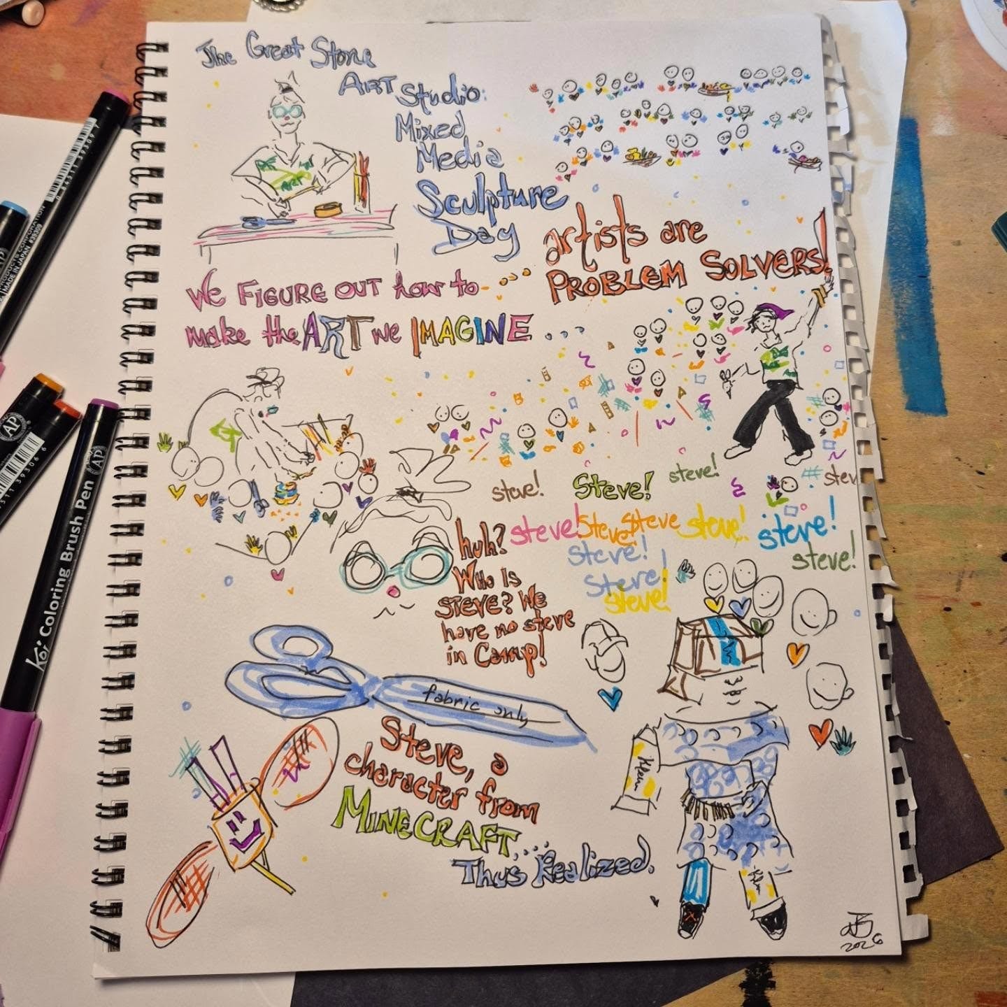 V-Rae Brocato, Ink and marker diary comic, art class. Text reads,” The great stone art studio mixed media sculpture day. We figure out how to make the art we imagine… artists are problem solvers. Steve, Steve, Steve. Huh, who's Steve? We have no Steve in class. Steve, a character from minecraft, thus realized.” 