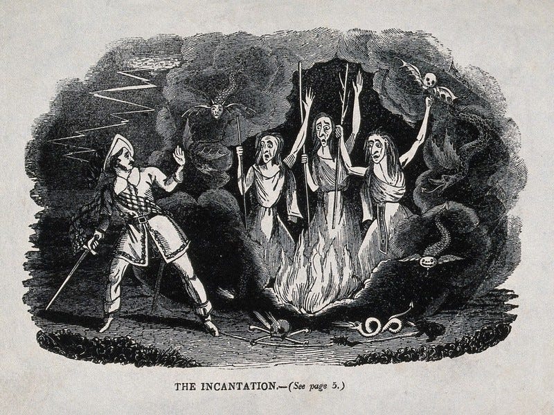 Macbeth meets the three witches; scene from Shakespeare's 'Macbeth'. Wood  engraving, 19th century. | Wellcome Collection