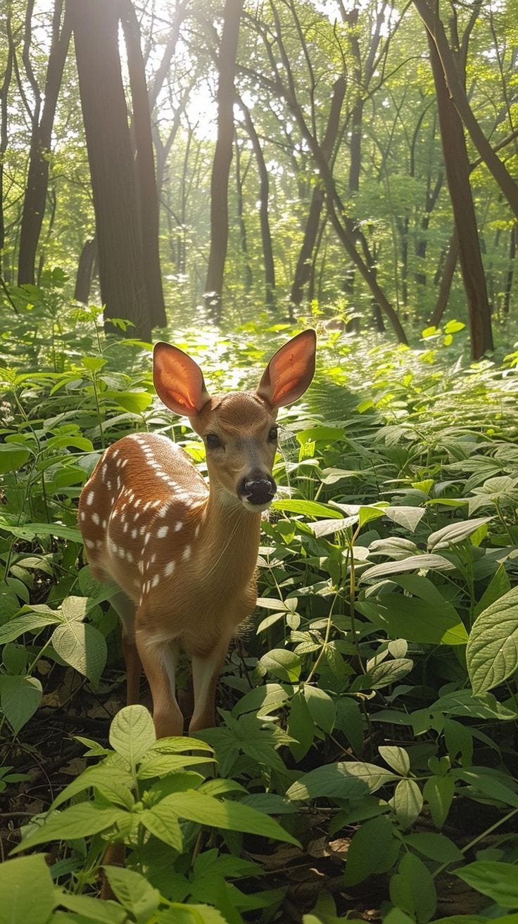 This may contain: a small deer standing in the middle of a forest filled with green plants and trees