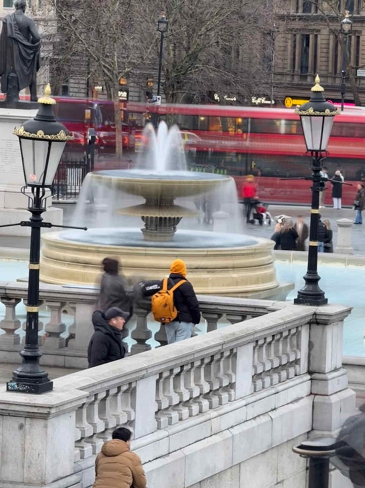 My bobble hat twin Jeanne, two views from outside the National Gallery and detail of Edwin Austin Abbey's The Hours
