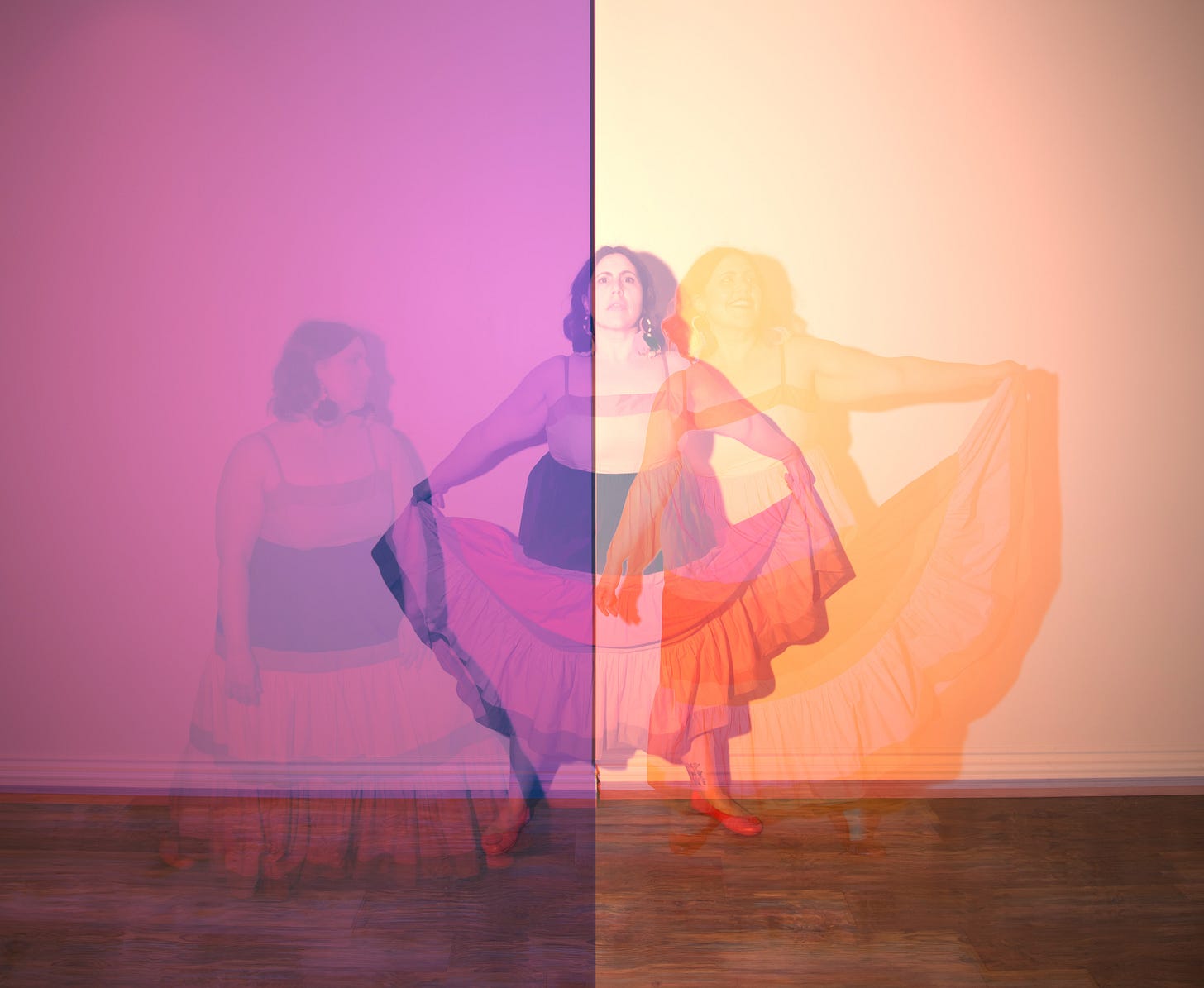 Three versions of Lauren, with pink overlay on the left and peach overlay on the right, the left Lauren is staring with fuzzy eyes at the other two, the one in the middle looks scared, and the one on the right looks happy. All are wearing the same outfit.