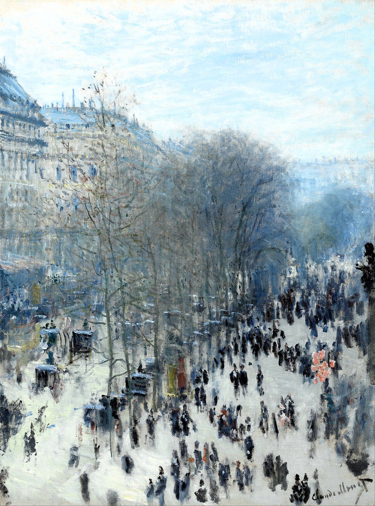 Claude Monet, Boulevard des Capucines, a crowd and a line of cabs on a Paris boulevard seen from Nadar's balcony Claude Monet, Boulevard des Capucines, a crowd and a line of cabs on a Paris boulevard seen from Nadar's balcony