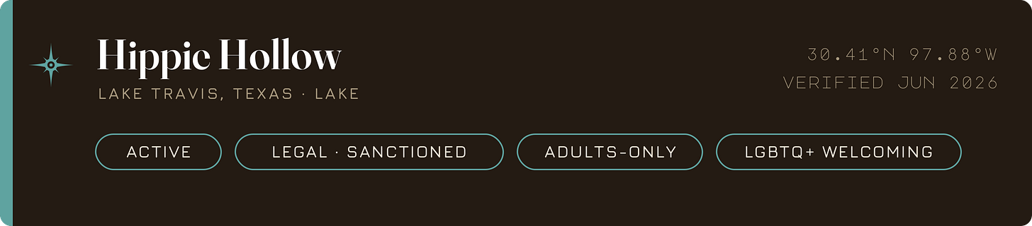 A dark brown banner for Hippie Hollow on Lake Travis, Texas, marked as a lake. A teal compass-star sits to the left of the name. Coordinates read 30.41°N 97.88°W, verified June 2026. Four teal-outlined tags below read "Active," "Legal · Sanctioned," "Adults-only," and "LGBTQ+ welcoming." A dark brown banner for Hippie Hollow on Lake Travis, Texas, marked as a lake. A teal compass-star sits to the left of the name. Coordinates read 30.41°N 97.88°W, verified June 2026. Four teal-outlined tags below read "Active," "Legal · Sanctioned," "Adults-only," and "LGBTQ+ welcoming."