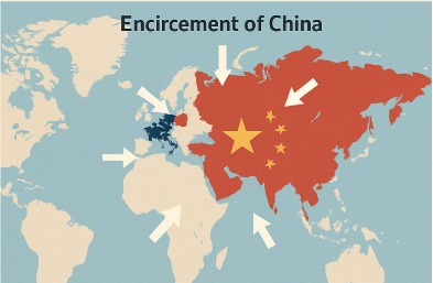 A world map centered on China with large white arrows pointing from Europe, the US, India, and Southeast Asia toward China, illustrating strategic containment.
